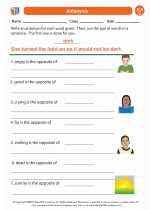 English Language Arts - Third Grade - Worksheet: Antonyms