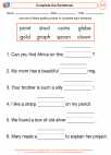English Language Arts - First Grade - Worksheet: Complete the Sentences